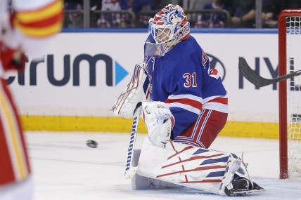 New York Rangers goaltender Igor Shesterkin (31) makes a save against the Calgary Flames during the second period at Madison Square Garden
