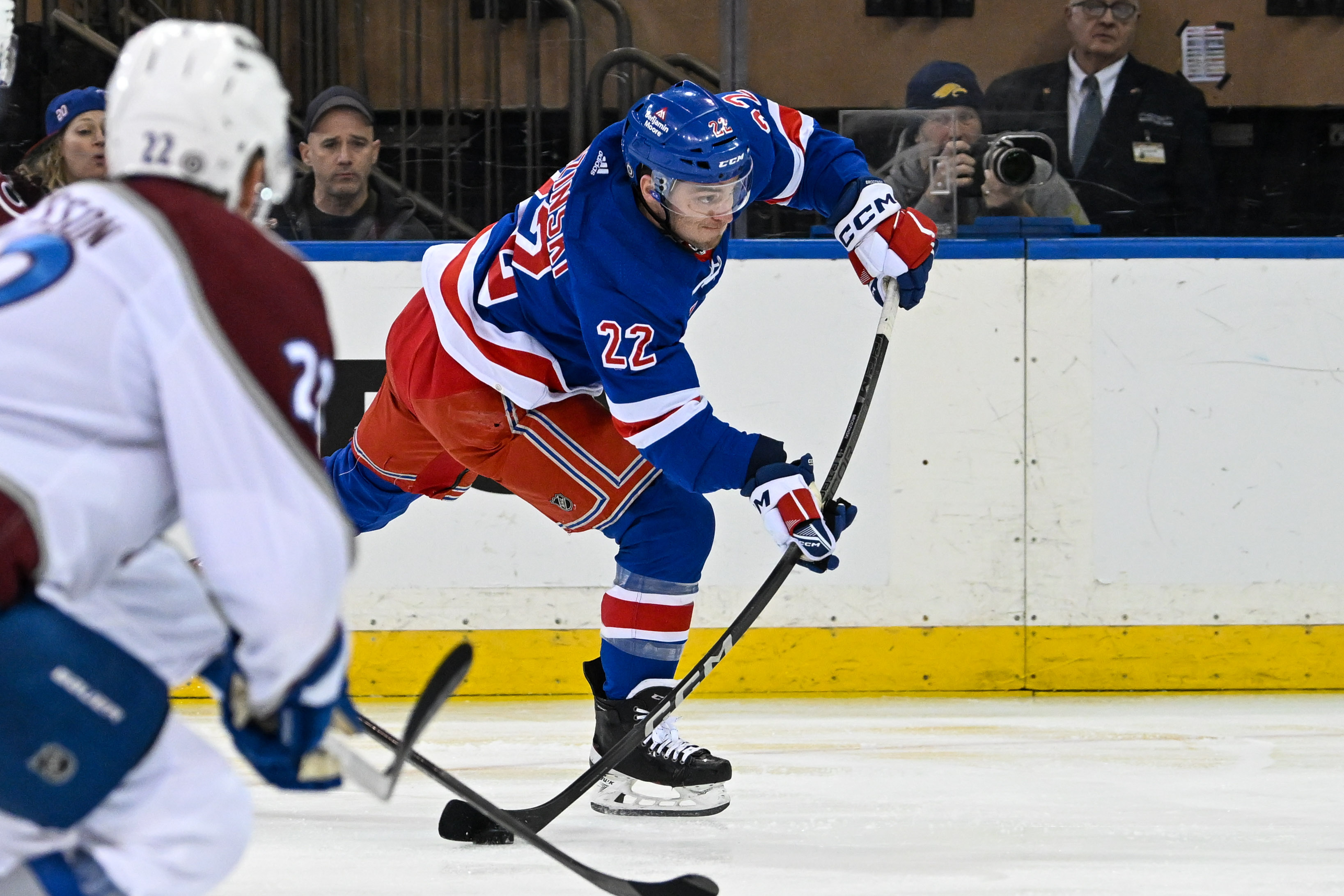 New York Rangers center Jonny Brodzinski (22) attempts a shot against the Colorado Avalanche during the first period at Madison Square Garden