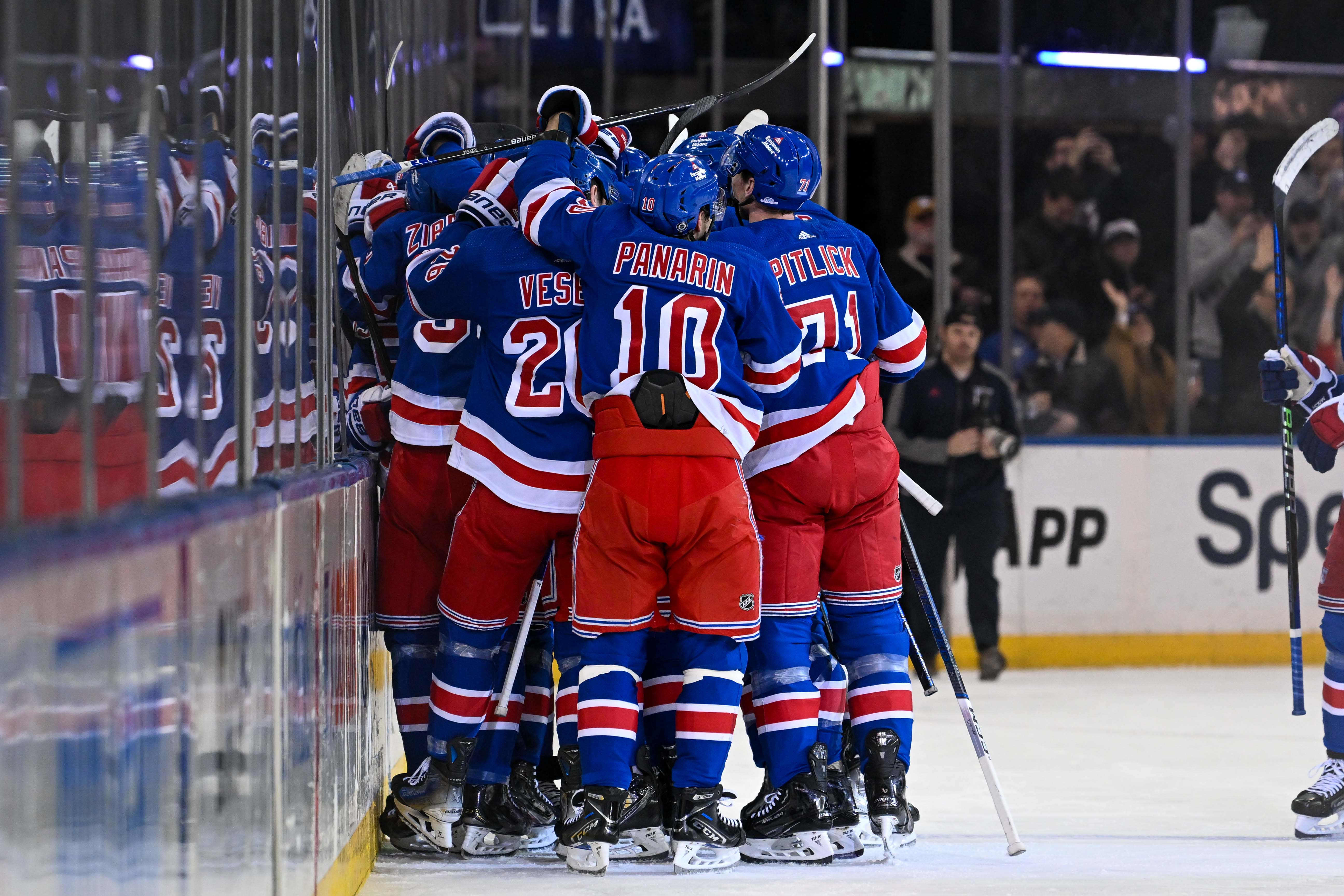 New York Rangers celebrate the 2-1 victory over Colorado Avalanche after the overtime period at Madison Square Garden