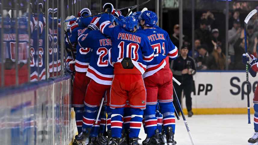 New York Rangers celebrate the 2-1 victory over Colorado Avalanche after the overtime period at Madison Square Garden