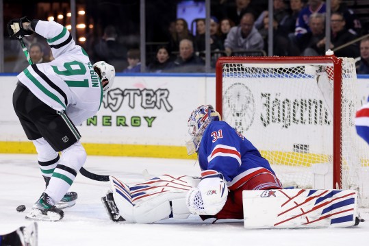 New York Rangers goaltender Igor Shesterkin (31) makes a save against Dallas Stars center Tyler Seguin (91) during the third period at Madison Square Garden