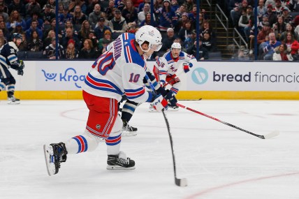 New York Rangers left wing Artemi Panarin (10) wrists a shot on goal against the Columbus Blue Jackets during the second period at Nationwide Arena