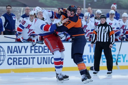 New York Rangers center Matt Rempe (73) and New York Islanders left wing Matt Martin (17) fight during the first period of a Stadium Series ice hockey game at MetLife Stadium