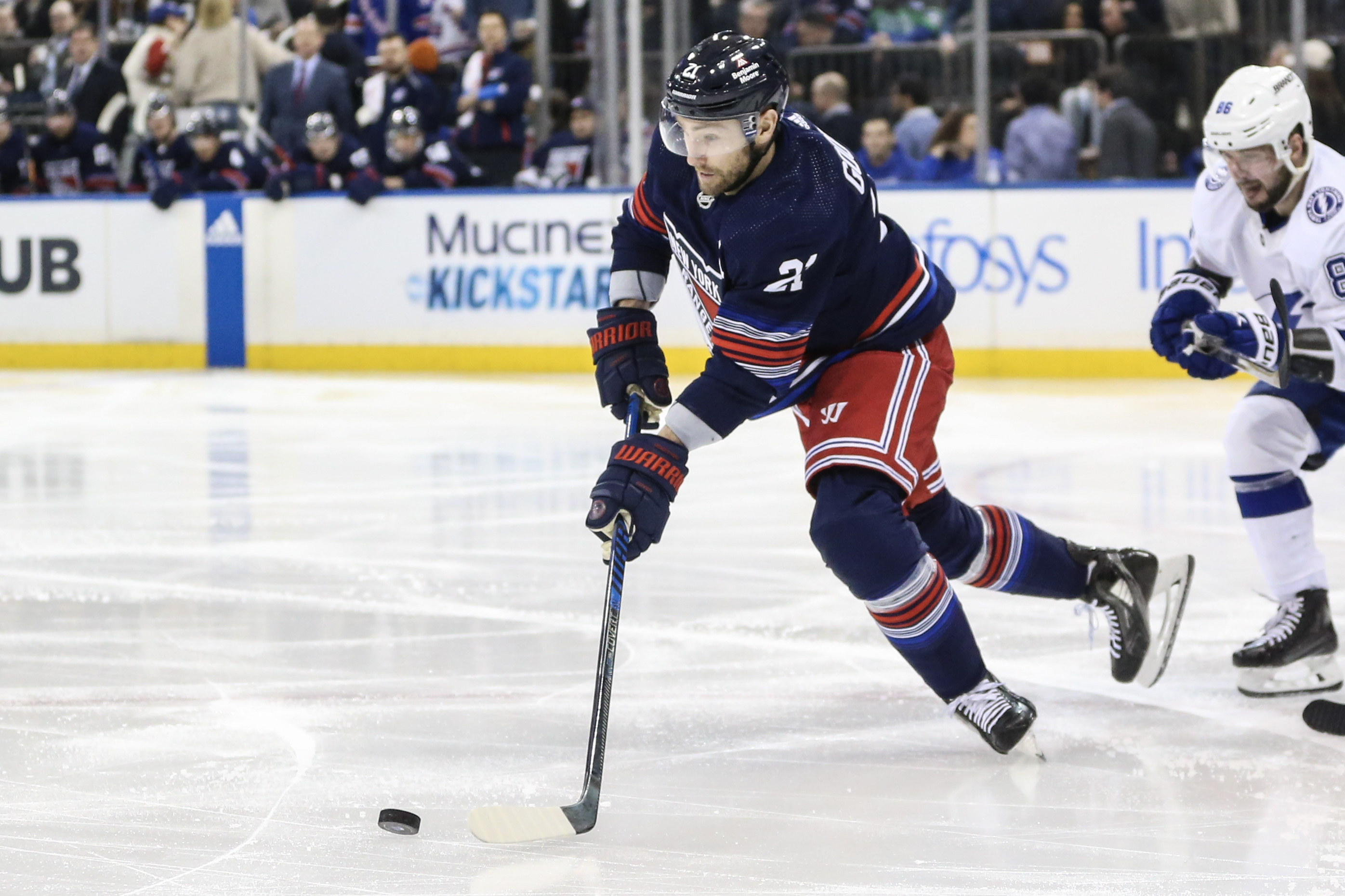 New York Rangers center Barclay Goodrow (21) controls the puck in the third period against the Tampa Bay Lightning at Madison Square Garden