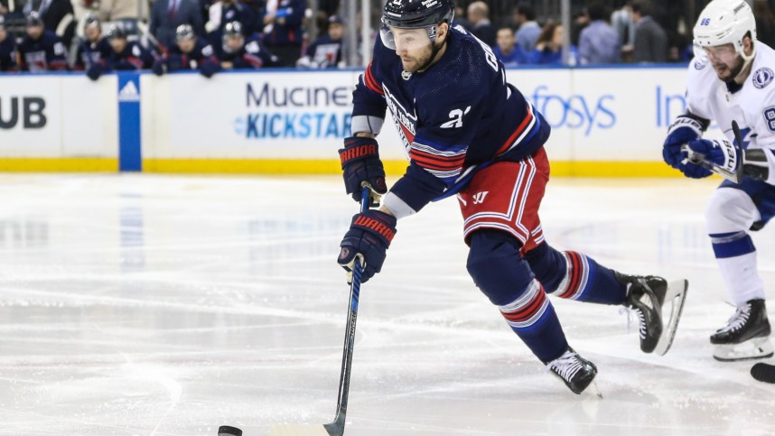 New York Rangers center Barclay Goodrow (21) controls the puck in the third period against the Tampa Bay Lightning at Madison Square Garden