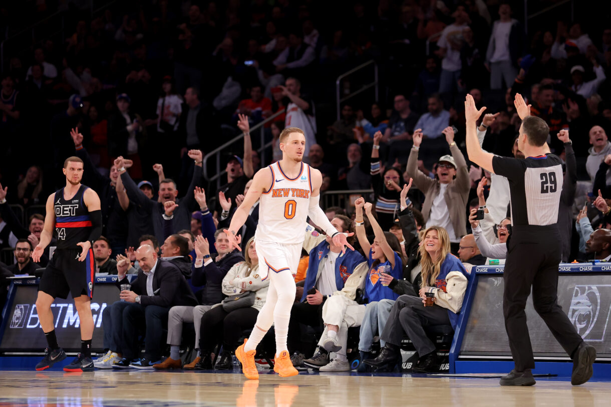 New York Knicks guard Donte DiVincenzo (0) celebrates his three point shot against the Detroit Pistons during the fourth quarter at Madison Square Garden