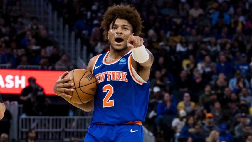 New York Knicks guard Miles McBride (2) gestures during the first half of the game against the Golden State Warriors at Chase Center