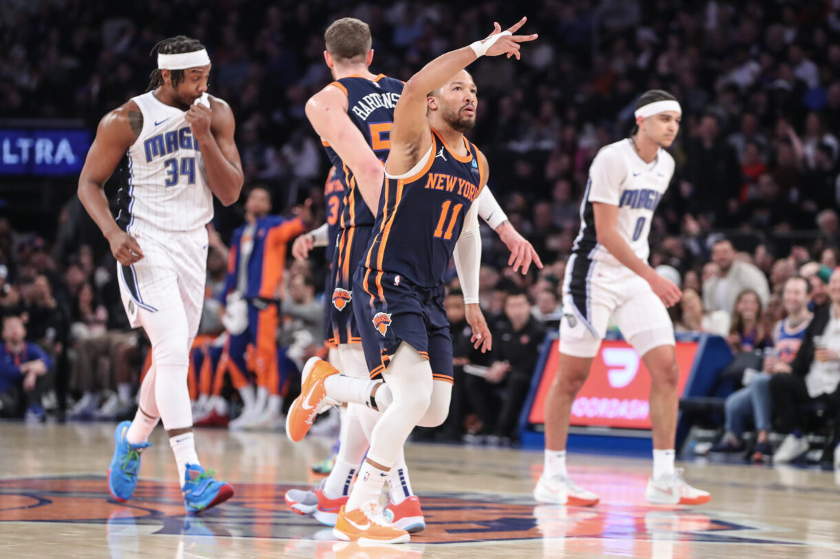 New York Knicks guard Jalen Brunson (11) gestured after making a three point shot in the first quarter against the Orlando Magic at Madison Square Garden