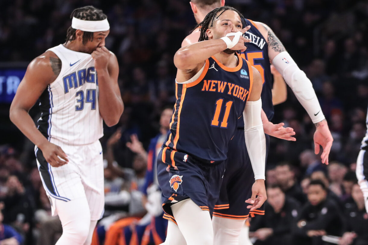New York Knicks guard Jalen Brunson (11) gestured after making a three point shot in the first quarter against the Orlando Magic at Madison Square Garden