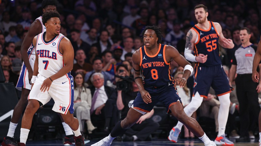 New York Knicks forward OG Anunoby (8) in action against Philadelphia 76ers guard Kyle Lowry (7) during the first quarter at Madison Square Garden
