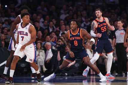 New York Knicks forward OG Anunoby (8) in action against Philadelphia 76ers guard Kyle Lowry (7) during the first quarter at Madison Square Garden