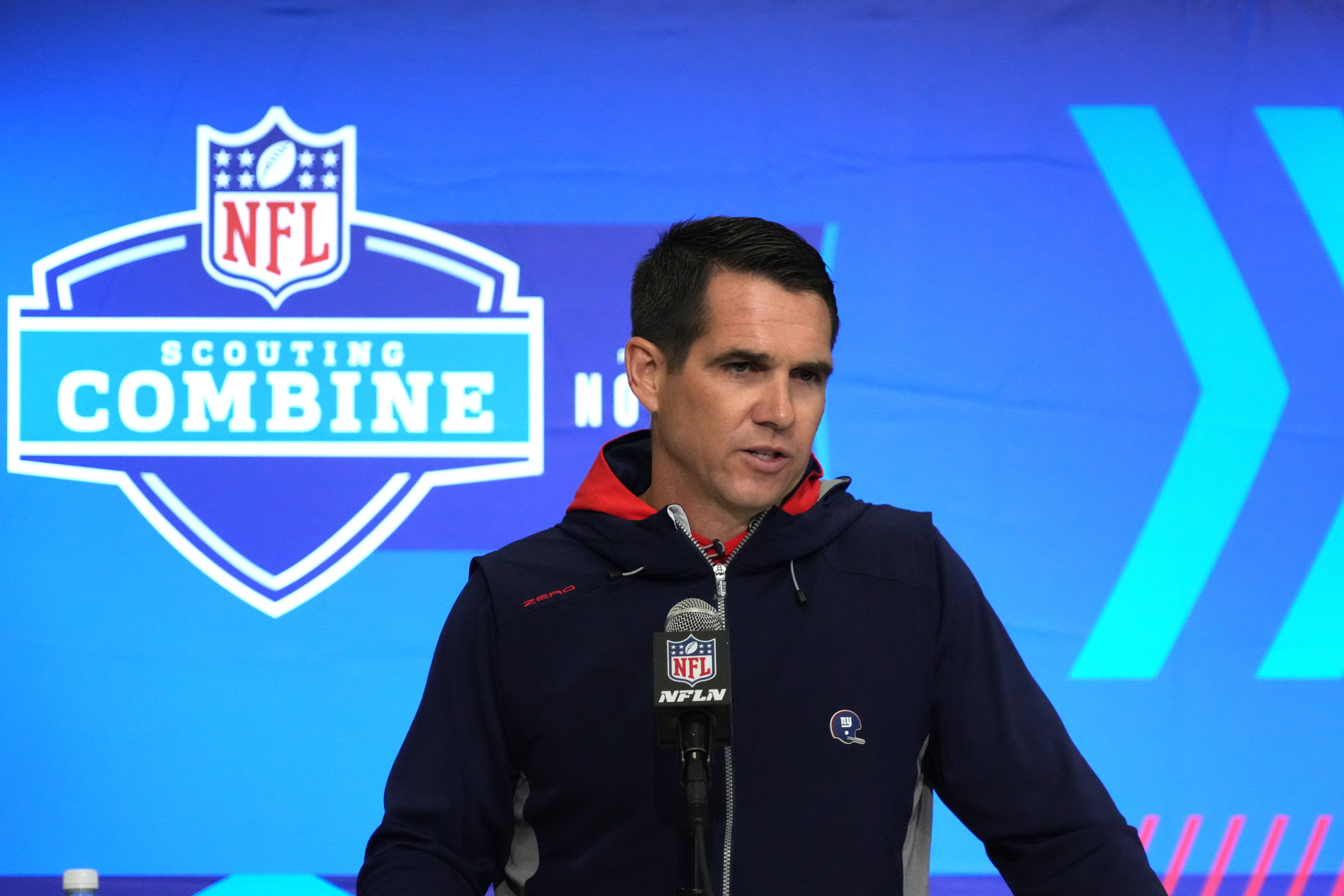 New York Giants general manager Joe Schoen speaks during a press conference during the NFL Scouting Combine at Indiana Convention Center