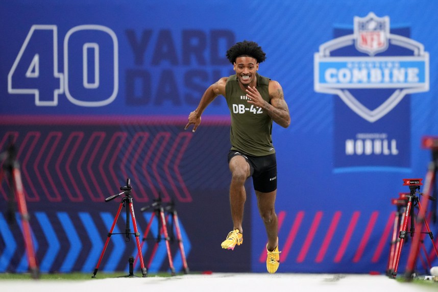 Clemson defensive back Nate Wiggins (DB42) works out during the 2024 NFL Combine at Lucas Oil Stadium