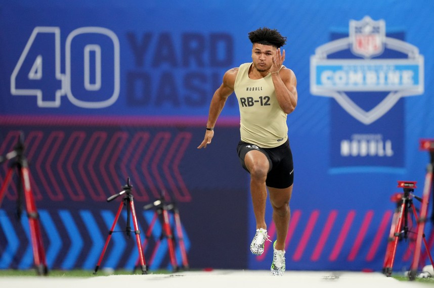 Louisville running back Isaac Guerendo (RB12) during the 2024 NFL Combine at Lucas Oil Stadium