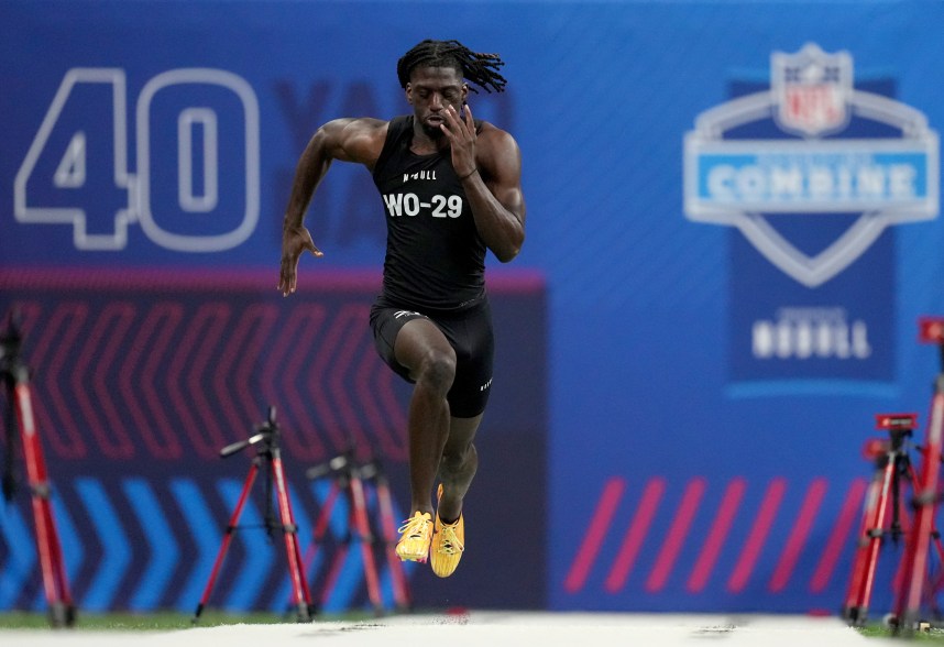 Louisiana State wide receiver Brian Thomas (WO29) during the 2024 NFL Combine at Lucas Oil Stadium