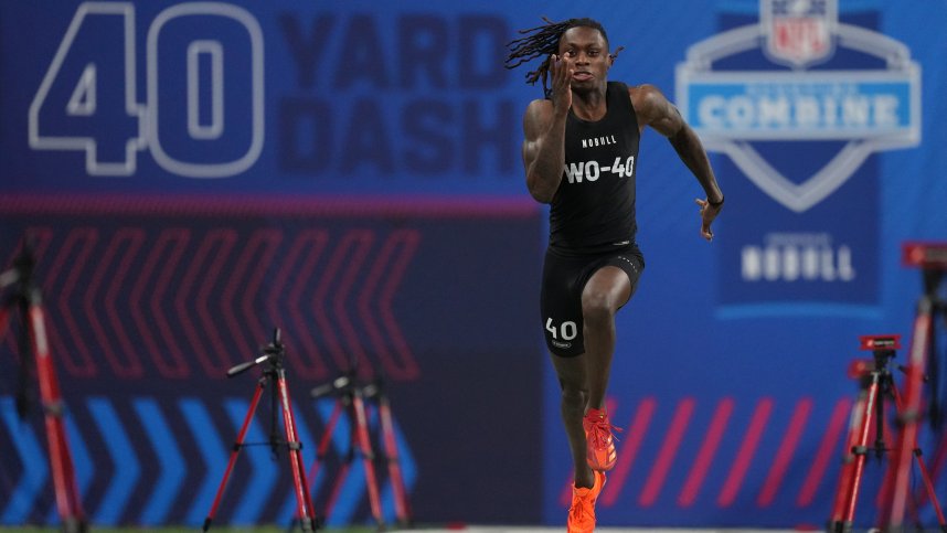 Texas wide receiver Xavier Worthy (WO40) ran an official time of 4.21 seconds to set a combine record during the 2024 NFL Combine at Lucas Oil Stadium