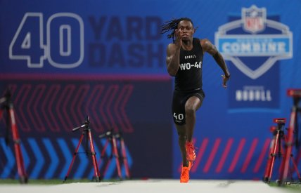 Texas wide receiver Xavier Worthy (WO40) ran an official time of 4.21 seconds to set a combine record during the 2024 NFL Combine at Lucas Oil Stadium