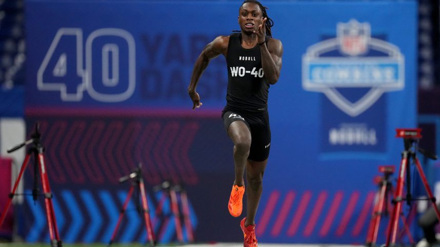 Texas wide receiver Xavier Worthy (New York Giants draft prospect) (WO40) ran an official time of 4.21 seconds to set a combine record during the 2024 NFL Combine at Lucas Oil Stadium.