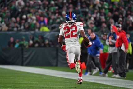 New York Giants cornerback Adoree' Jackson (22) returns an interception for a touchdown against the Philadelphia Eagles during the third quarter at Lincoln Financial Field