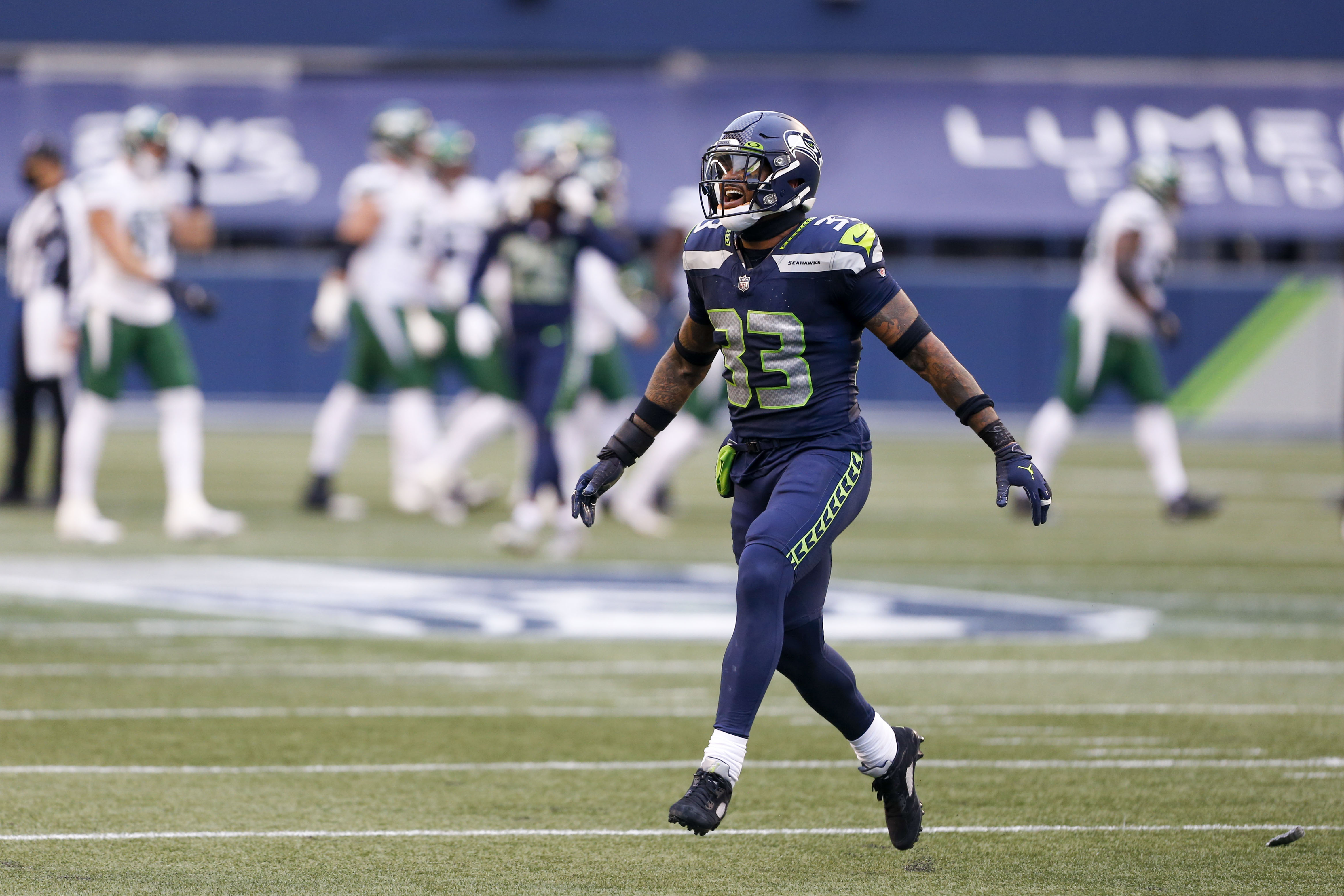 Seattle Seahawks strong safety Jamal Adams (33) reacts following the a missed field goal attempt by the New York Jets during the second quarter at Lumen Field