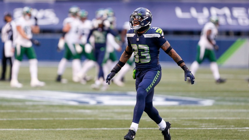 Seattle Seahawks strong safety Jamal Adams (33) reacts following the a missed field goal attempt by the New York Jets during the second quarter at Lumen Field