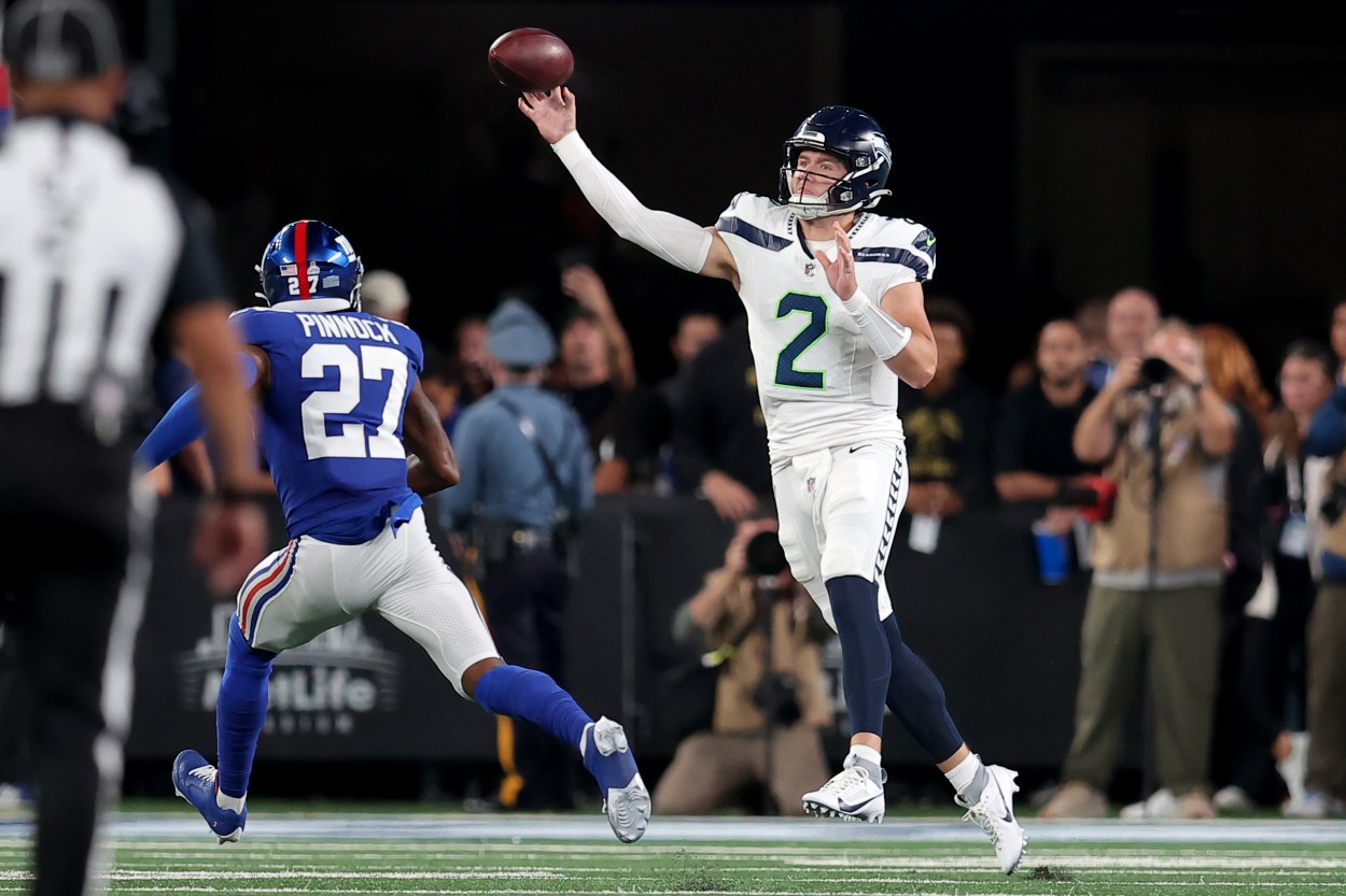 Seattle Seahawks quarterback Drew Lock (2) throws a pass against New York Giants safety Jason Pinnock (27) during the second quarter at MetLife Stadium