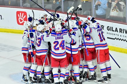 The New York Rangers celebrate after beating the Arizona Coyotes at Mullett Arena