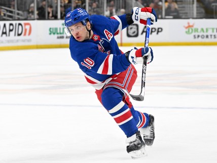 New York Rangers left wing Artemi Panarin (10) takes a shot against the Boston Bruins during the second period at the TD Garden