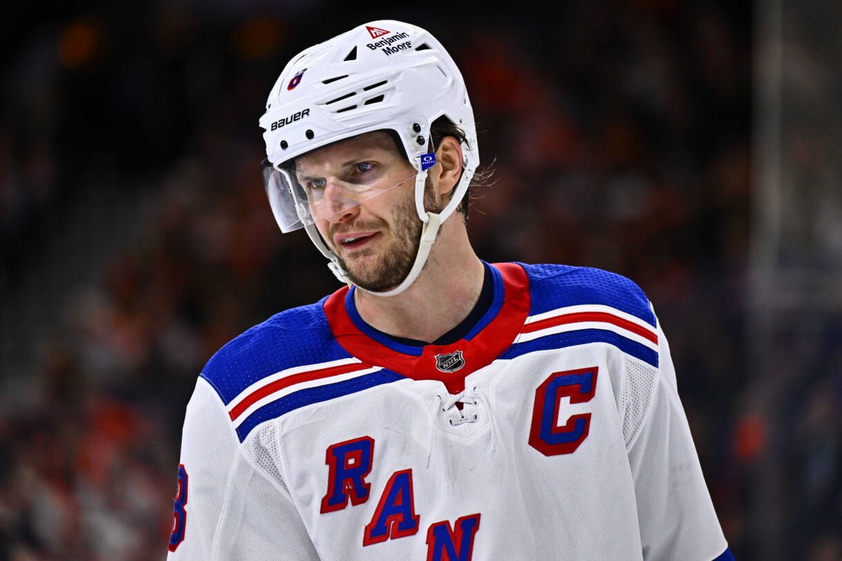 New York Rangers defenseman Jacob Trouba (8) looks on against the Philadelphia Flyers in the third period at Wells Fargo Center
