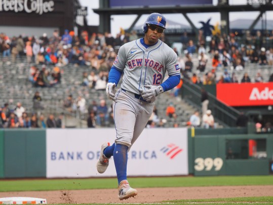 Apr 24, 2024; San Francisco, California, USA; New York Mets shortstop Francisco Lindor (12) rounds third base on a two-run home run against the San Francisco Giants during the ninth inning at Oracle Park. Mandatory Credit: Kelley L Cox-USA TODAY Sports