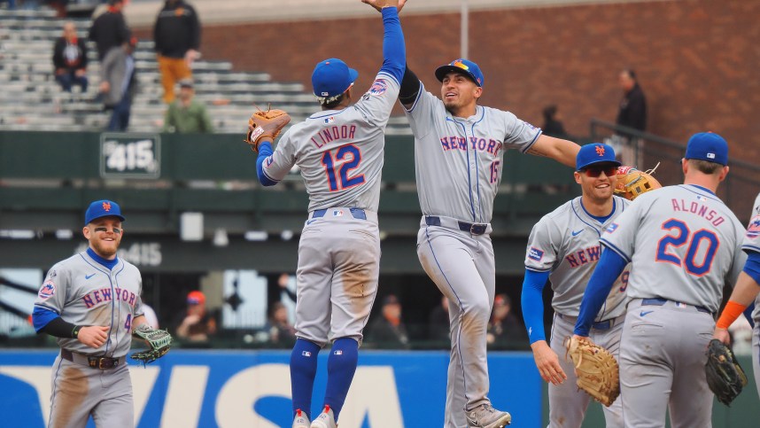 Apr 24, 2024; San Francisco, California, USA; New York Mets shortstop Francisco Lindor (12) high fives right fielder Tyrone Tyler (15) after the game against the San Francisco Giants at Oracle Park. Mandatory Credit: Kelley L Cox-USA TODAY Sports
