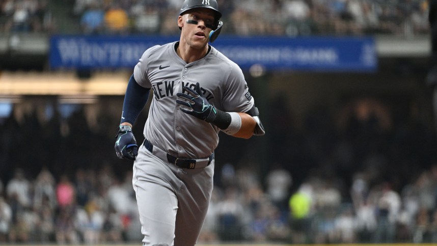 Apr 27, 2024; Milwaukee, Wisconsin, USA; New York Yankees outfielder Aaron Judge (99) rounds the bases after hitting home run against Milwaukee Brewers in the sixth inning at American Family Field. Mandatory Credit: Michael McLoone-USA TODAY Sports