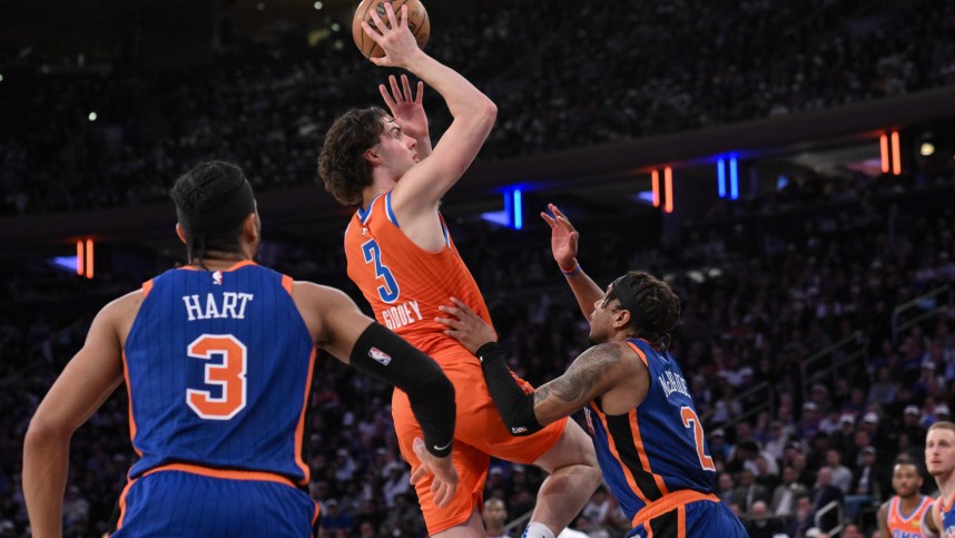 Oklahoma City Thunder guard Josh Giddey (3) shoots the ball against New York Knicks guard Miles McBride (2) during the fourth quarter at Madison Square Garden