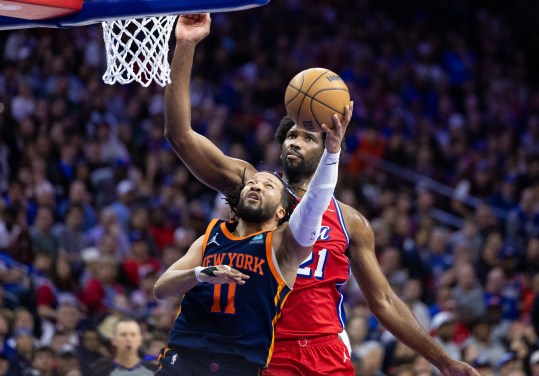 Apr 28, 2024; Philadelphia, Pennsylvania, USA; New York Knicks guard Jalen Brunson (11) drives against Philadelphia 76ers center Joel Embiid (21) during the second half of game four of the first round in the 2024 NBA playoffs at Wells Fargo Center. Mandatory Credit: Bill Streicher-USA TODAY Sports