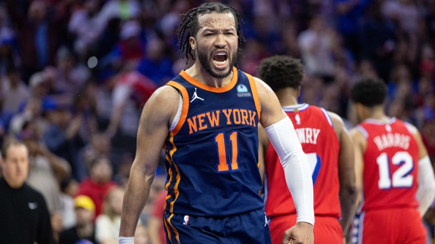 Apr 28, 2024; Philadelphia, Pennsylvania, USA; New York Knicks guard Jalen Brunson (11) reacts after scoring against the Philadelphia 76ers during the fourth quarter of game four of the first round in the 2024 NBA playoffs at Wells Fargo Center. Mandatory Credit: Bill Streicher-USA TODAY Sports