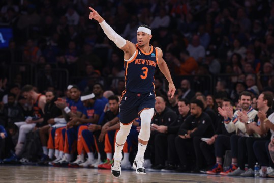 Apr 22, 2024; New York, New York, USA;  New York Knicks guard Josh Hart (3) reacts after basket against the Philadelphia 76ers during the first half during game two of the first round of the 2024 NBA playoffs at Madison Square Garden. Mandatory Credit: Vincent Carchietta-USA TODAY Sports