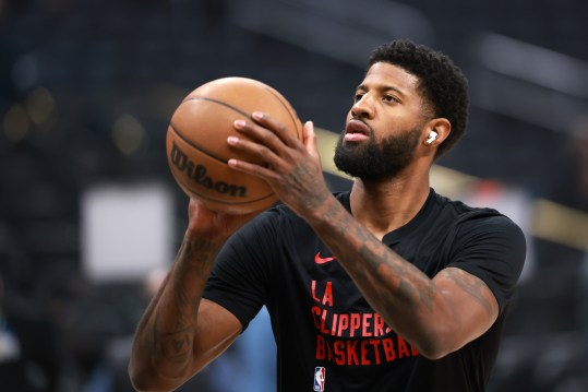 Apr 12, 2024; Los Angeles, California, USA;  Los Angeles Clippers forward Paul George (13) warms up prior to the NBA game against the Utah Jazz at Crypto.com Arena. Mandatory Credit: Kiyoshi Mio-USA TODAY Sports