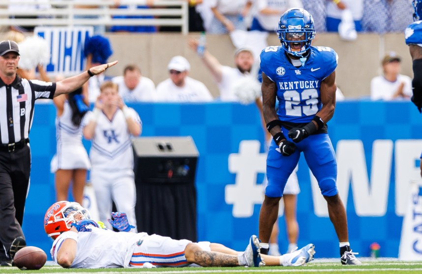 Sep 30, 2023; Lexington, Kentucky, USA; Kentucky Wildcats defensive back Andru Phillips (23) (New York Giants) celebrates an incomplete pass intended for Florida Gators wide receiver Ricky Pearsall (1) during the second quarter at Kroger Field. Mandatory Credit: Jordan Prather-USA TODAY Sports, new york giants