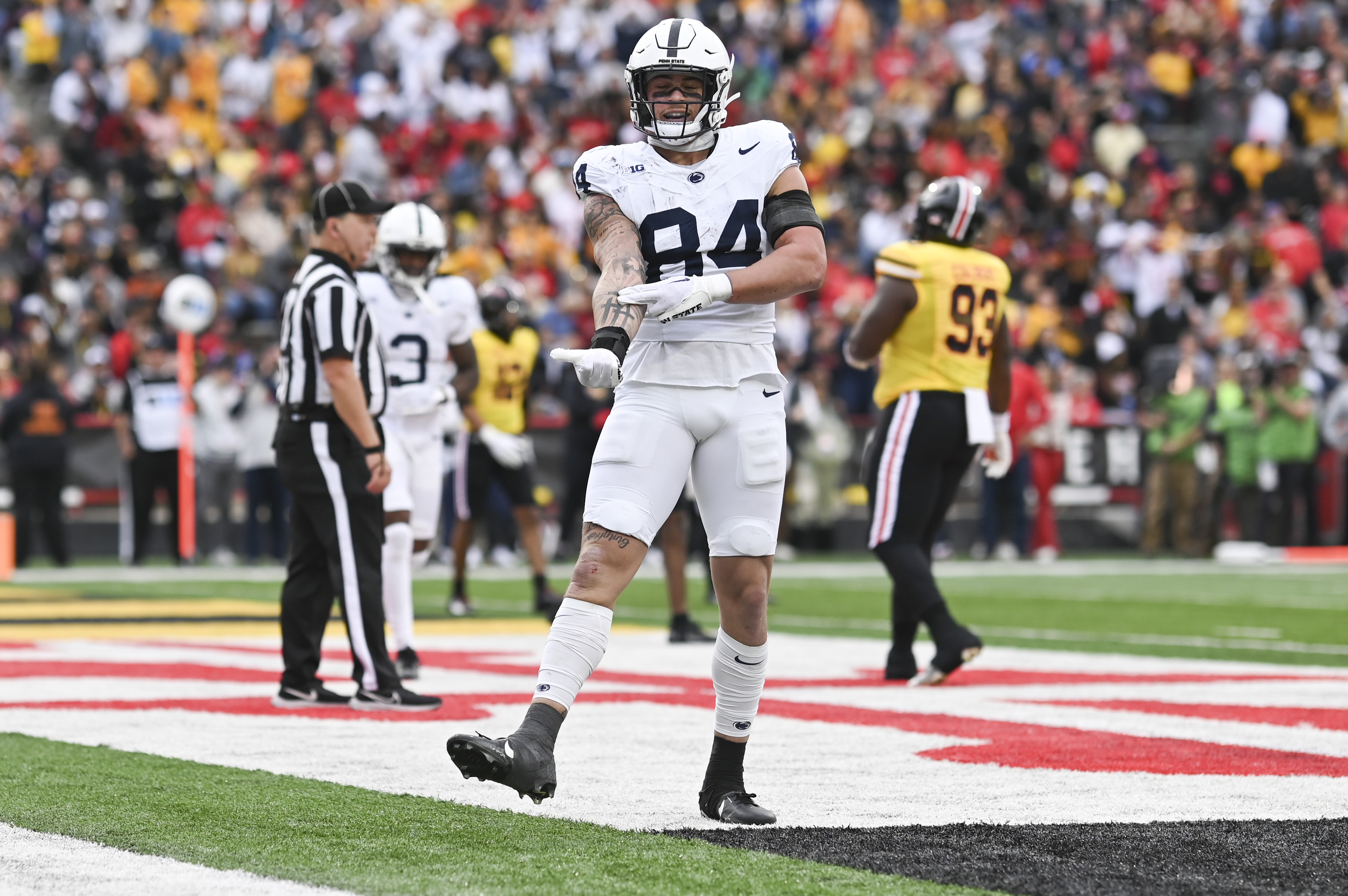 Nov 4, 2023; College Park, Maryland, USA;  Penn State Nittany Lions tight end Theo Johnson (New York Giants) (84) reacts after catching a shovel pass for a touchdown during the first half against the Maryland Terrapins at SECU Stadium. Mandatory Credit: Tommy Gilligan-USA TODAY Sports