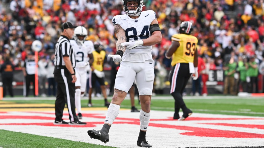 Nov 4, 2023; College Park, Maryland, USA;  Penn State Nittany Lions tight end Theo Johnson (New York Giants) (84) reacts after catching a shovel pass for a touchdown during the first half against the Maryland Terrapins at SECU Stadium. Mandatory Credit: Tommy Gilligan-USA TODAY Sports