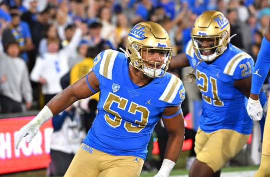 Oct 29, 2022; Pasadena, California, USA;  UCLA Bruins linebacker Darius Muasau (New York Giants) (53) celebrates after an interception against the Stanford Cardinal in the first half at the Rose Bowl. Mandatory Credit: Jayne Kamin-Oncea-USA TODAY Sports