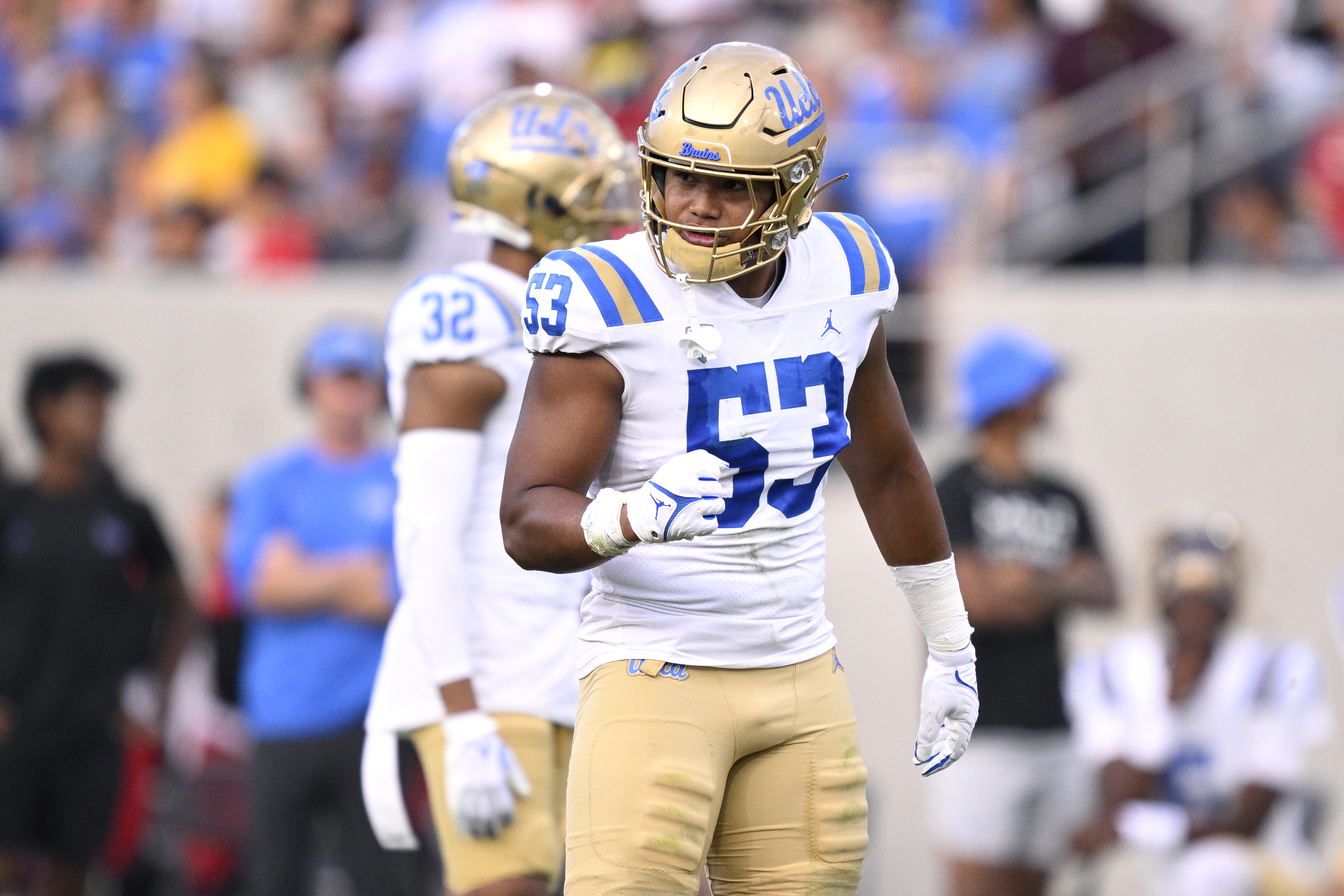 Sep 9, 2023; San Diego, California, USA; UCLA Bruins linebacker Darius Muasau (New York Giants) (53) reacts against the San Diego State Aztecs during the first half at Snapdragon Stadium. Mandatory Credit: Orlando Ramirez-USA TODAY Sports