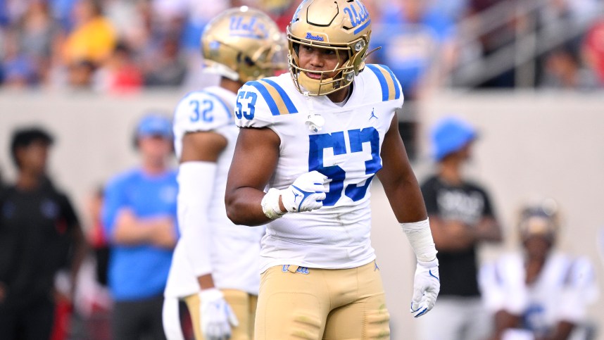 Sep 9, 2023; San Diego, California, USA; UCLA Bruins linebacker Darius Muasau (New York Giants) (53) reacts against the San Diego State Aztecs during the first half at Snapdragon Stadium. Mandatory Credit: Orlando Ramirez-USA TODAY Sports