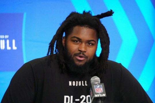 Feb 28, 2024; Indianapolis, IN, USA; Illinois defensive lineman Johnny Newton (DL20) speaks at a press conference at the NFL Scouting Combine at Indiana Convention Center. Mandatory Credit: Kirby Lee-USA TODAY Sports