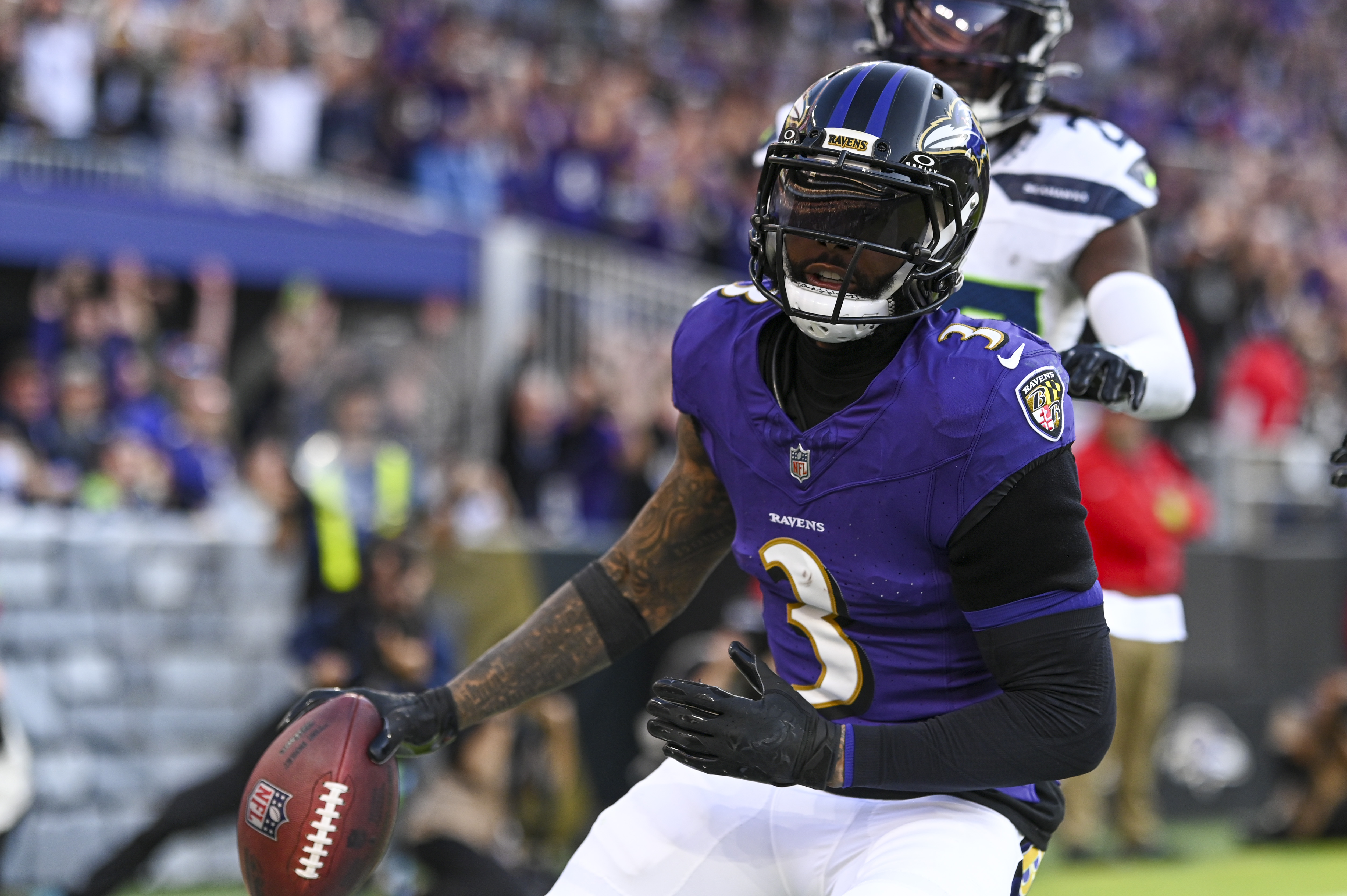 Nov 5, 2023; Baltimore, Maryland, USA; Baltimore Ravens wide receiver Odell Beckham Jr. (3)(New York Jets free agency target) reacts after catching a fourth quarter touchdown against the Seattle Seahawks at M&T Bank Stadium. Mandatory Credit: Tommy Gilligan-USA TODAY Sports