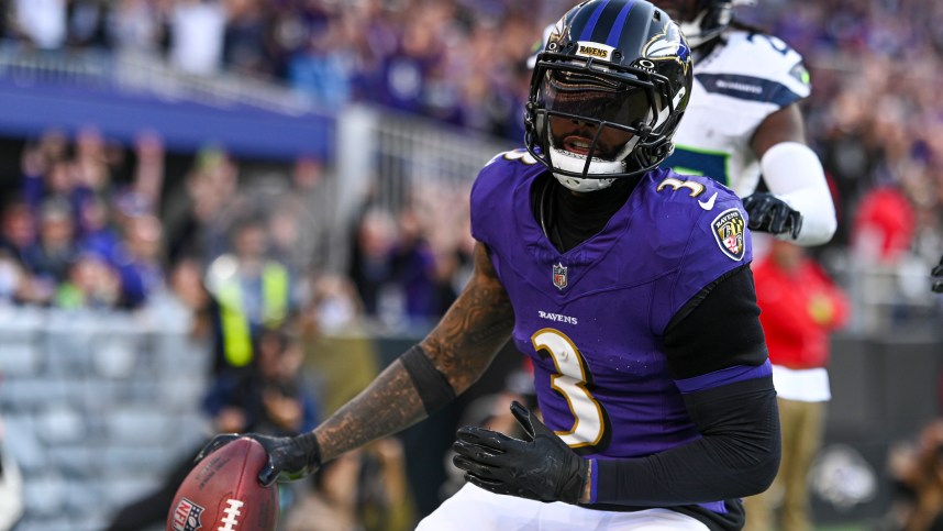 Nov 5, 2023; Baltimore, Maryland, USA; Baltimore Ravens wide receiver Odell Beckham Jr. (3)(New York Jets free agency target) reacts after catching a fourth quarter touchdown against the Seattle Seahawks at M&T Bank Stadium. Mandatory Credit: Tommy Gilligan-USA TODAY Sports