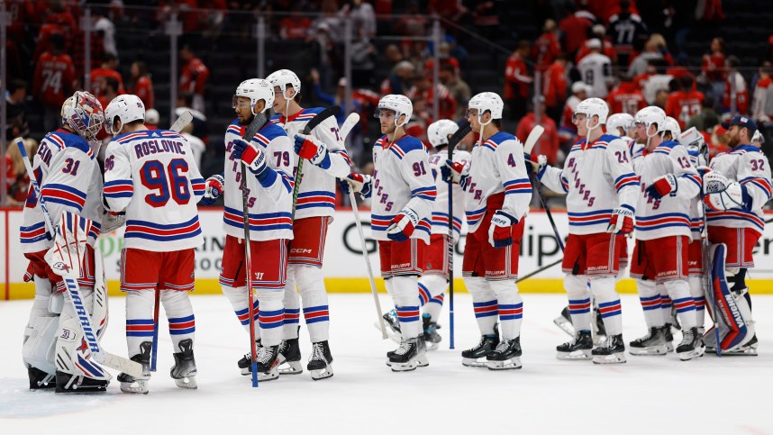 Apr 26, 2024; Washington, District of Columbia, USA; New York Rangers goaltender Igor Shesterkin (31) celebrates with teammates after their game against the Washington Capitals in game three of the first round of the 2024 Stanley Cup Playoffs at Capital One Arena. Mandatory Credit: Geoff Burke-USA TODAY Sports