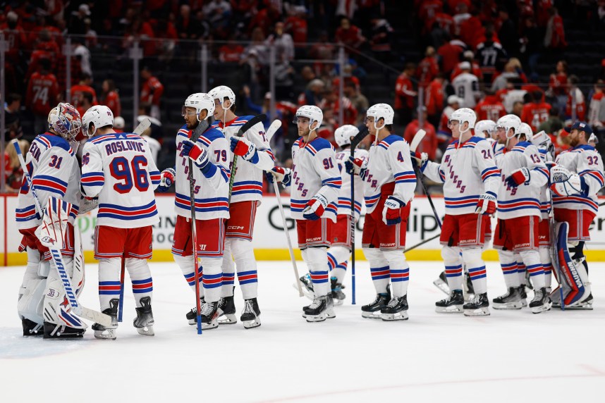 Apr 26, 2024; Washington, District of Columbia, USA; New York Rangers goaltender Igor Shesterkin (31) celebrates with teammates after their game against the Washington Capitals in game three of the first round of the 2024 Stanley Cup Playoffs at Capital One Arena. Mandatory Credit: Geoff Burke-USA TODAY Sports