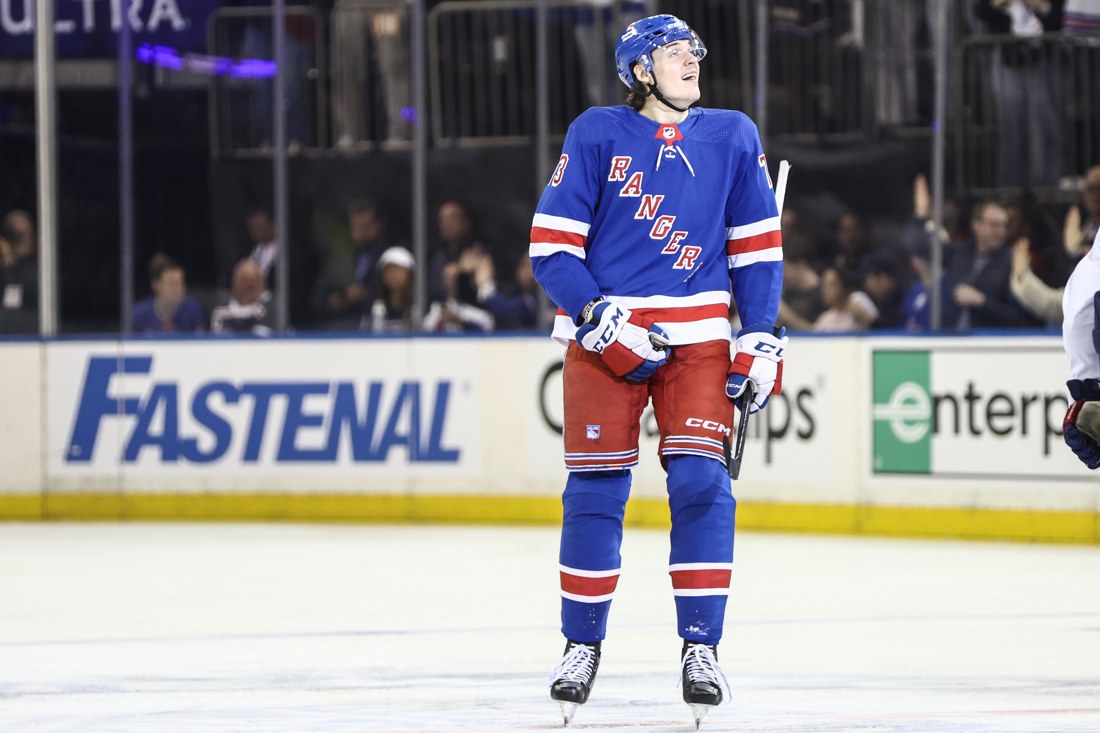 New York Rangers center Matt Rempe (73) looks at the scoreboard after scoring a goal in the second period against the Washington Capitals in game one of the first round of the 2024 Stanley Cup Playoffs at Madison Square Garden