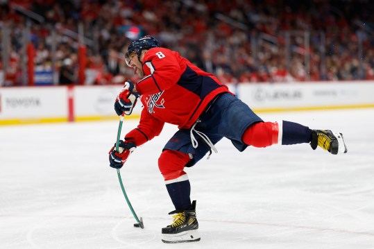 Apr 13, 2024; Washington, District of Columbia, USA; Washington Capitals left wing Alex Ovechkin (8) shoots the puck against the Tampa Bay Lightning in the third period at Capital One Arena. Mandatory Credit: Geoff Burke-USA TODAY Sports